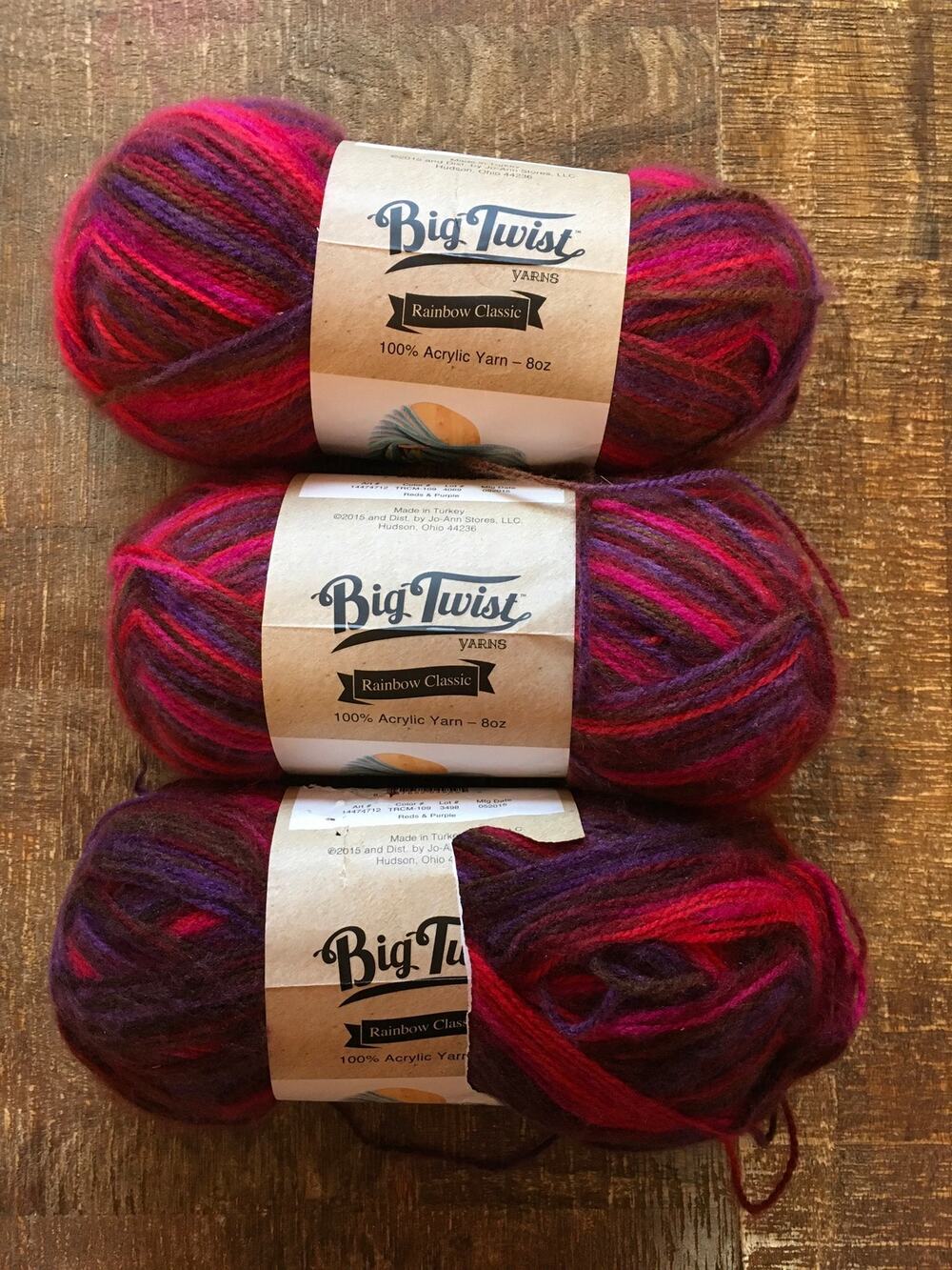 3 Skein Lot Big Twist Rainbow Classic Yarn Reds Purple Striping Acrylic Crochet